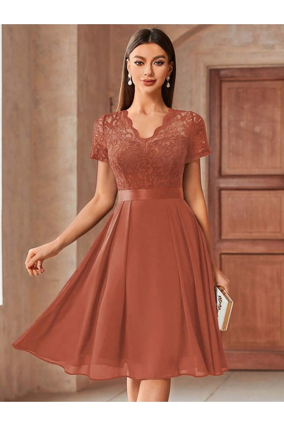 Rust Brown V-Neck Floral Lace A-Line Midi Dress With Pleated Chiffon Skirt