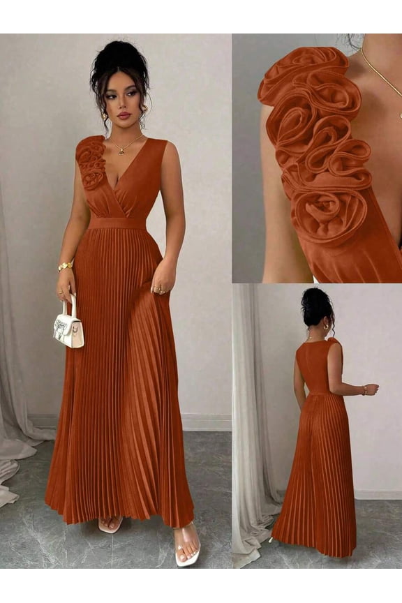 Rust Brown V-Neck Pleated Maxi Dress With Floral Ruffle Shoulder Detail