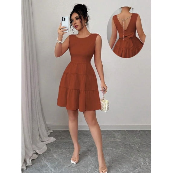 Rust Brown Womens Round Neck Sleeveless Backless Bowknot Tiered Flare Mini Dress