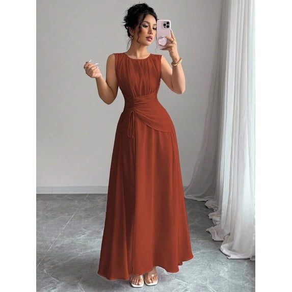 Rust Brown Womens Sleeveless Chiffon Maxi Dress With Drawstring Waist And Pleated Back