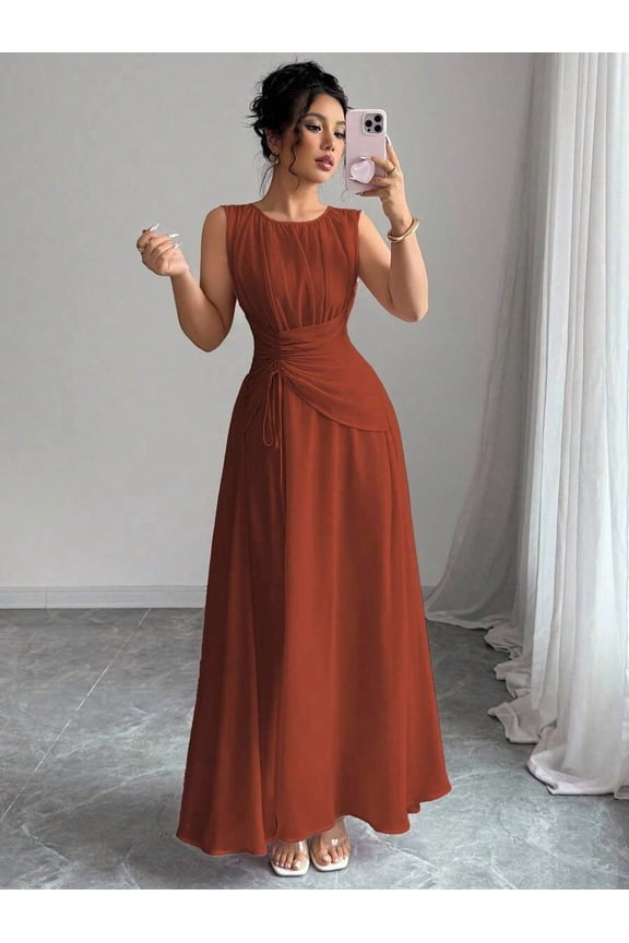 Rust Brown Womens Sleeveless Chiffon Maxi Dress With Drawstring Waist And Pleated Back