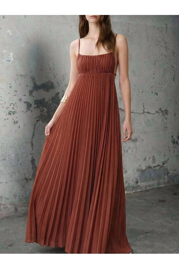 Rust Brown Womens Sleeveless Pleated Maxi Dress, Modern Bohemian Solid Color Beach Vacation Dress