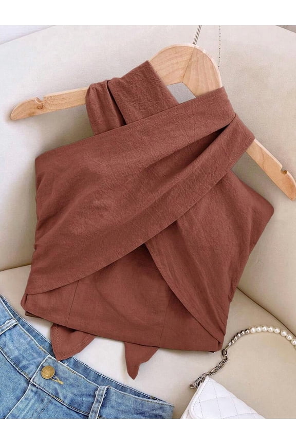 Rust Brown Womens Solid Cropped Criss-Cross Halter Top, Rave Style