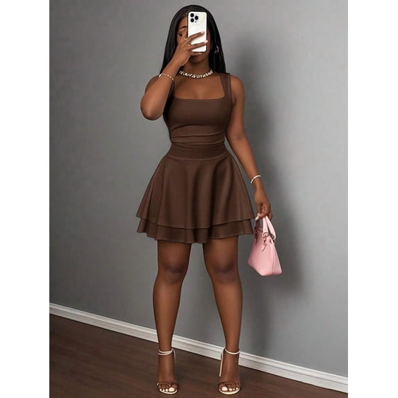 Rust Brown Womens Square Neck Ruched Double Layer A-Line Mini Dress Casual Sweet Style