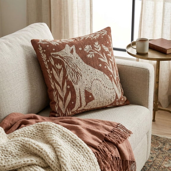 Rust Brown and Cream Howling Wolf Botanical Double-Sided Woven Throw Pillow, 17 x 18 in