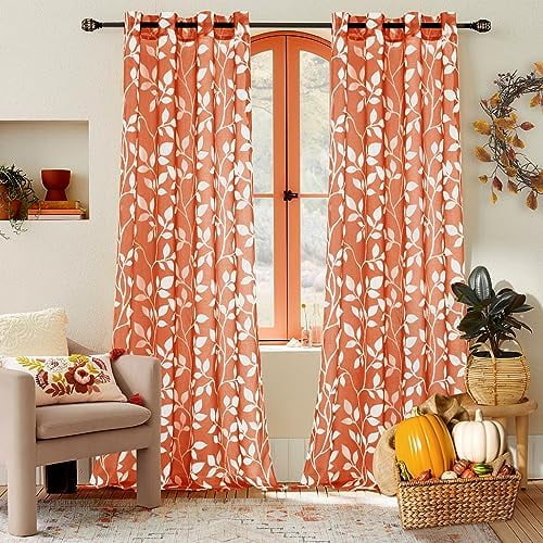 Rust Burnt Orange Curtains 2 Panels 84 Inch Length for Living Room,Decorative Leaf Boho Sheer Rustic Curtain Sets for Window Bedroom