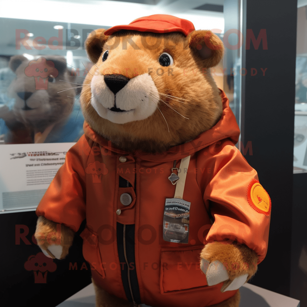 Rust Capybara REDBROKOLY mascot costume character dressed with a Bomber ...