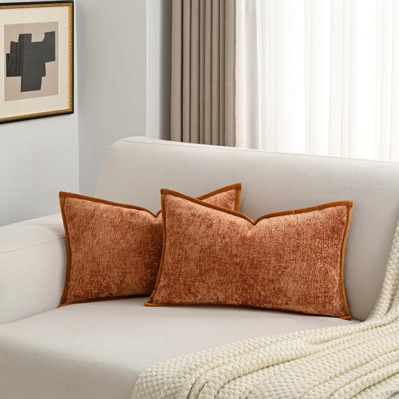 Rust Chenille Throw Pillow Covers 12x20 inch Set of 2,Soft Cozy Bound Edge Design Lumbar Pillow Cases,Home Decor for Couch Bed Living Room