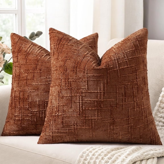 Rust Chenille Throw Pillow Covers 16x16 Set of 2 Thick Textured Slubby Couch Pillow Covers Farmhouse Accent Modern Neutral Decorative Pillow Cases for Bed Sofa Living Room