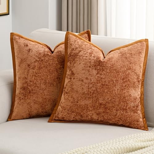 Rust Chenille Throw Pillow Covers 20x20 Inch Set of 2,Soft Cozy Bound Edge Design Cushion Case,Home Decor for Couch Bed Living Room