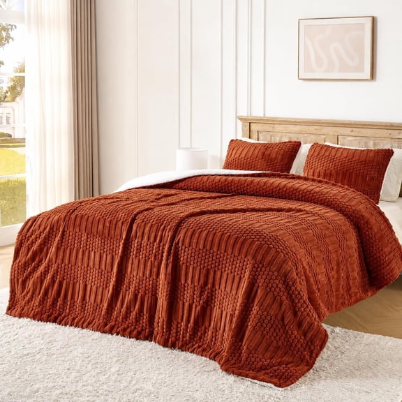 Rust  Comforter Set, Soft Fleece Plush Bedding Set with 2 Pillow Shams, Cozy Warm  Bed Set for Winter, Boho  Bedroom Decor