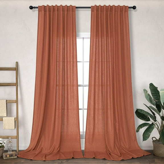 Rust Curtains 96 Inches Long for Living Room Dining 2 Panels Back Tab Loop Pocket Light Filter Semi Privacy Sheer Linen Terracotta Curtain for Bedroom Terra Cotta Red Orange Urban 52x96
