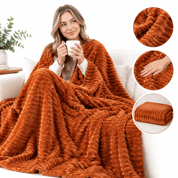 Rust Fleece Throw Blanket Lightweight Plush Blanket with 3D Striped for Couch Sofa Bed Ultra Soft with 3D Striped for Home Decor Gifts (39*26'')