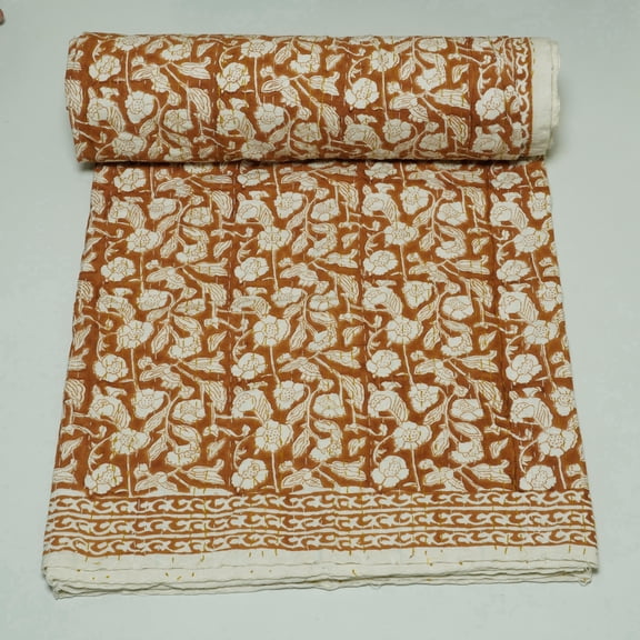 Rust Floral Block Print Indian Kantha Quilt in Soft Cotton, Lightweight Boho Bedspread with Border,
