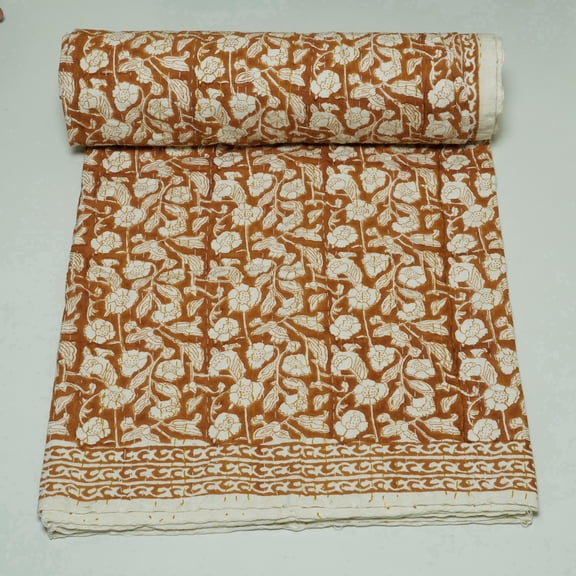 Rust Floral Block Print Indian Kantha Quilt in Soft Cotton, Lightweight Boho Bedspread with Border,