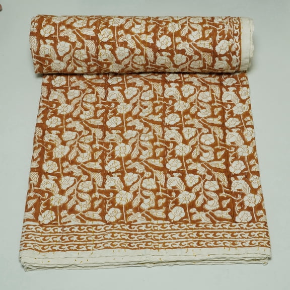 Rust Floral Block Print Indian Kantha Quilt in Soft Cotton, Lightweight Boho Bedspread with Border,