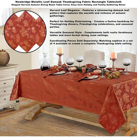 Rust Gold Metallic Leaf Damask Holiday Tablecloth, 60 x 144 Inch Rectangle, Rustic Swirling Leaves Soil Resistant Easy Care Seasonal Dining Table Cover