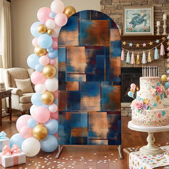 Rust Grain Arch Backdrop Covers 5 FT, Abstract Industrial Terracotta Indigo Metallic Plate Stretchy Fitted Arched Stand Covers Party Arch Stand Cover Photo Booth for Wedding Birthday Decor