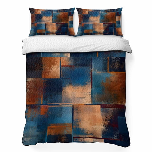 Rust Grain King Quilt Bedding Set, Abstract Industrial Terracotta Indigo Metallic Plate Lightweight Comforter with 2 Pillow Shams Bedroom Bedspread Set Home Decor for All Seasons
