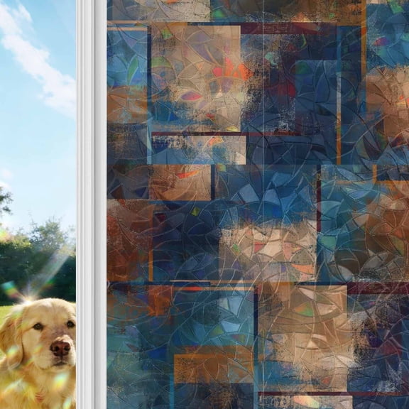 Rust Grain Rainbow Window Privacy Film, Abstract Industrial Terracotta Indigo Metallic Plate Stained Glass Window Film, Sun Blocking Glass Clings Non Adhesive Door Stickers 17.7 x 39.3 Inches