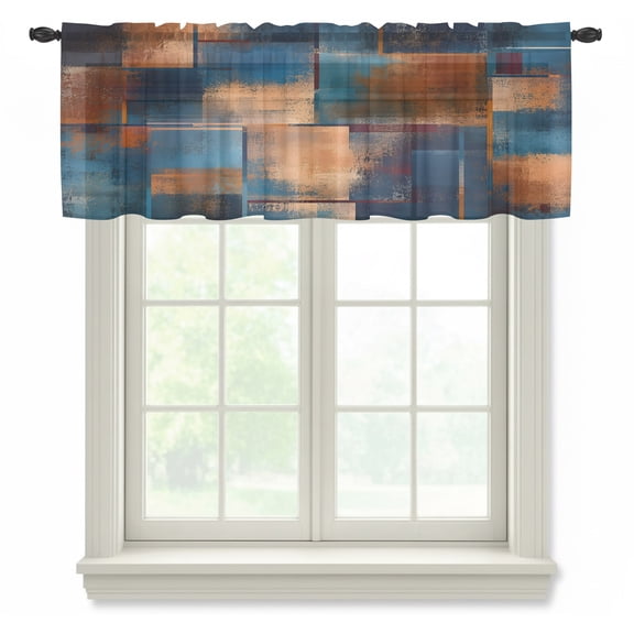 Rust Grain Sheer Curtain 12 Inch Long Abstract Industrial Terracotta Indigo Metallic Plate Light Filtering Rod Pocket Voile Curtain Valance for Bedroom Kitchen Cafe Window 42" W x 12" L