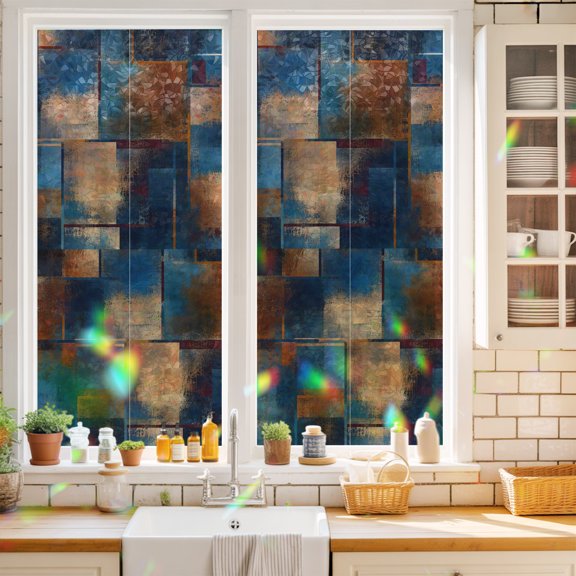 Rust Grain Window Privacy Film Abstract Industrial Terracotta Indigo Metallic Plate Static Cling Stained Glass Window Film Non-Adhesive Decorative Decals Rainbow Sticker 17.7"X39.3"
