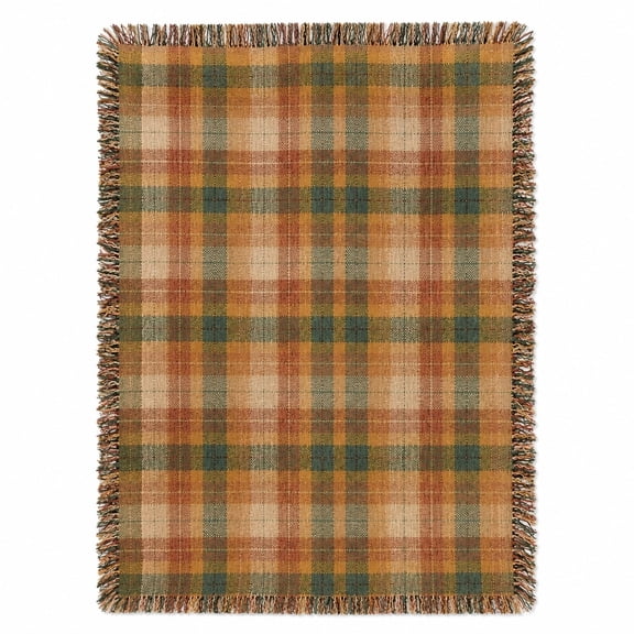 Rust, Green and Tan Plaid Woven Throw Blanket, Cotton with Fringed Edges, Rustic Decor for Couch and Living Room