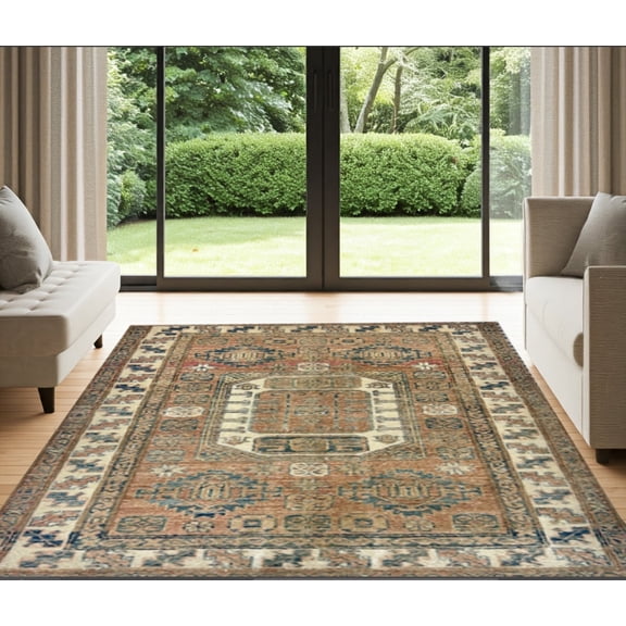 Rust  Ivory Premium Handwoven Pure Wool Super Kazak Rug, 3ft 4in x 4ft 9in