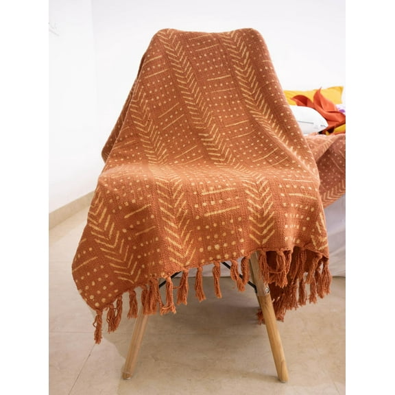 Rust Mud Cloth Throw Blanket | Block Printed Cotton Blanket | Fringed Rust Cotton Throw with Tassels
