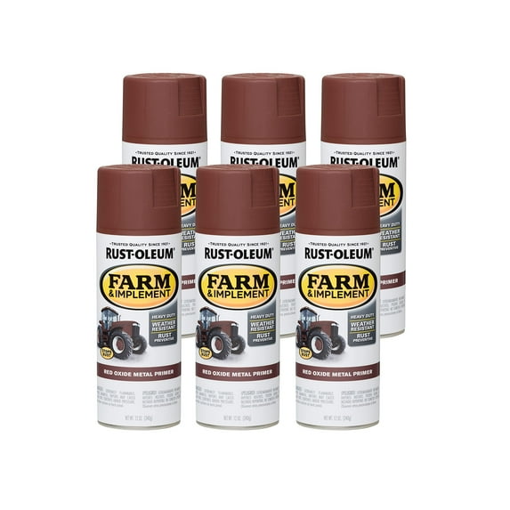 Rust-Oleum 280137-6PK Farm & Implement Spray Primer, 12 oz, Flat Red Metal Oxide Primer, 6 Pack