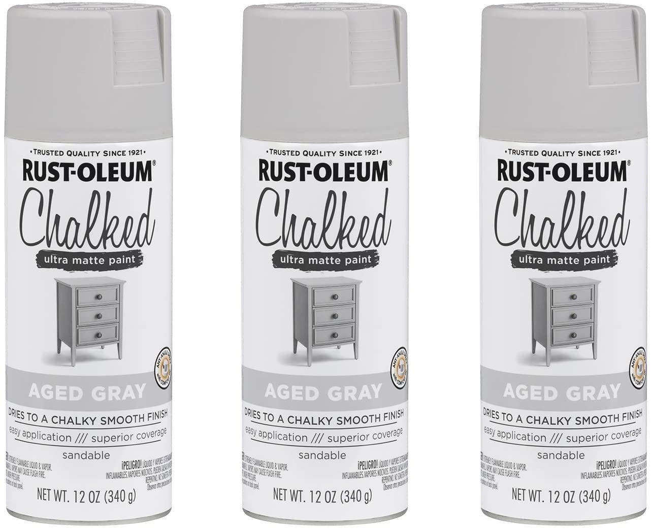 3-pack Rust-Oleum Chalked Ultra Matte Spray Paint - Matte Finish - 3 Pack, Gray, 36 Ounce — Interior & Exterior Use, Professional Finish