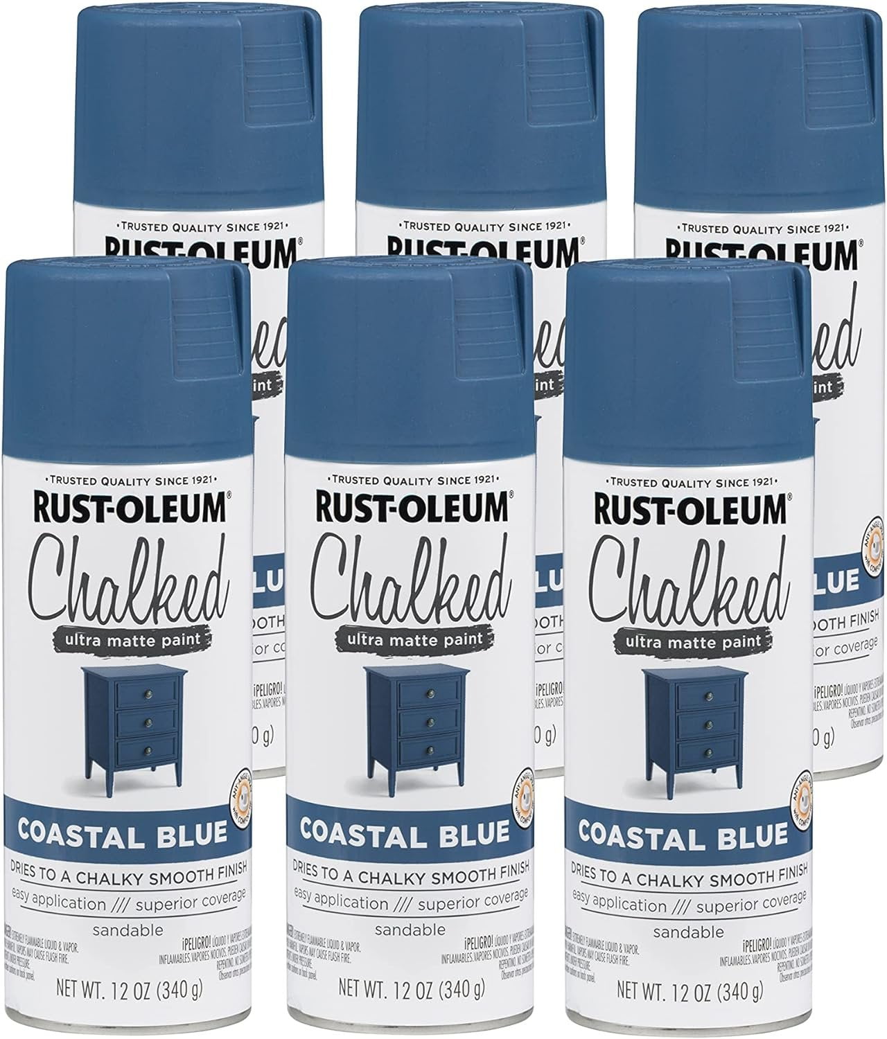 Rust-Oleum 302598-6PK Chalked Ultra Matte Spray Paint, 12 Ounce Pack of 6, Coastal Blue