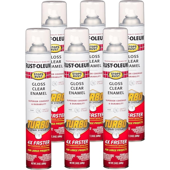 6-pack Rust-Oleum Stops Rust Turbo Spray Paint - Gloss Clear, Durable - 6 Pack, 24 oz — Interior & Exterior Use, Professional Finish