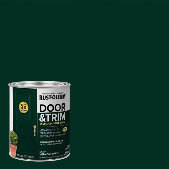 Rust-Oleum 376514 Advanced Dry Door & Trim Paint, Quart, Satin Vermont Green — Interior & Exterior Use, Professional Finish