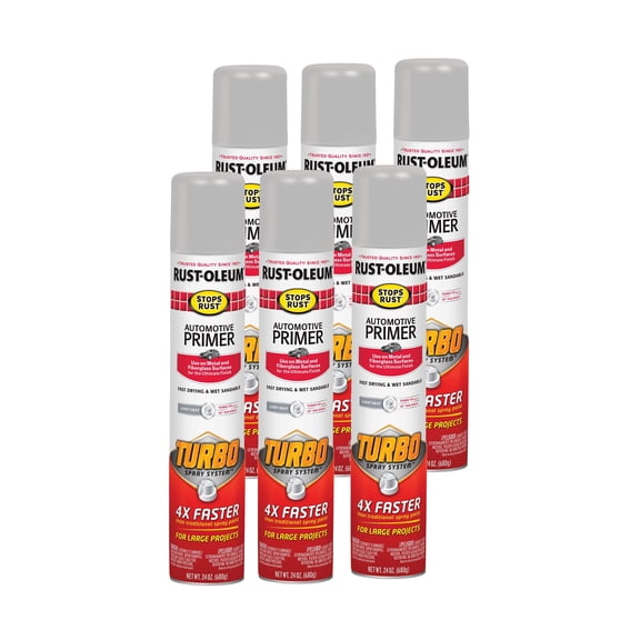 Rust-Oleum 393379-6PK Stops Rust Turbo Automotive Primer Spray, 24 oz, Flat Light Gray, 6 Pack