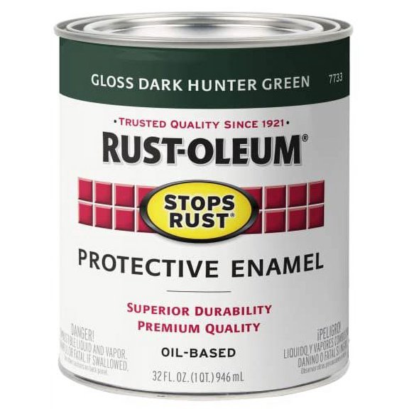 Rust-Oleum 7733502 Stops Rust Brush On Paint, Quart, Gloss Dark Hunter Green, 32 Fl Oz — Interior & Exterior Use, Professional Finish