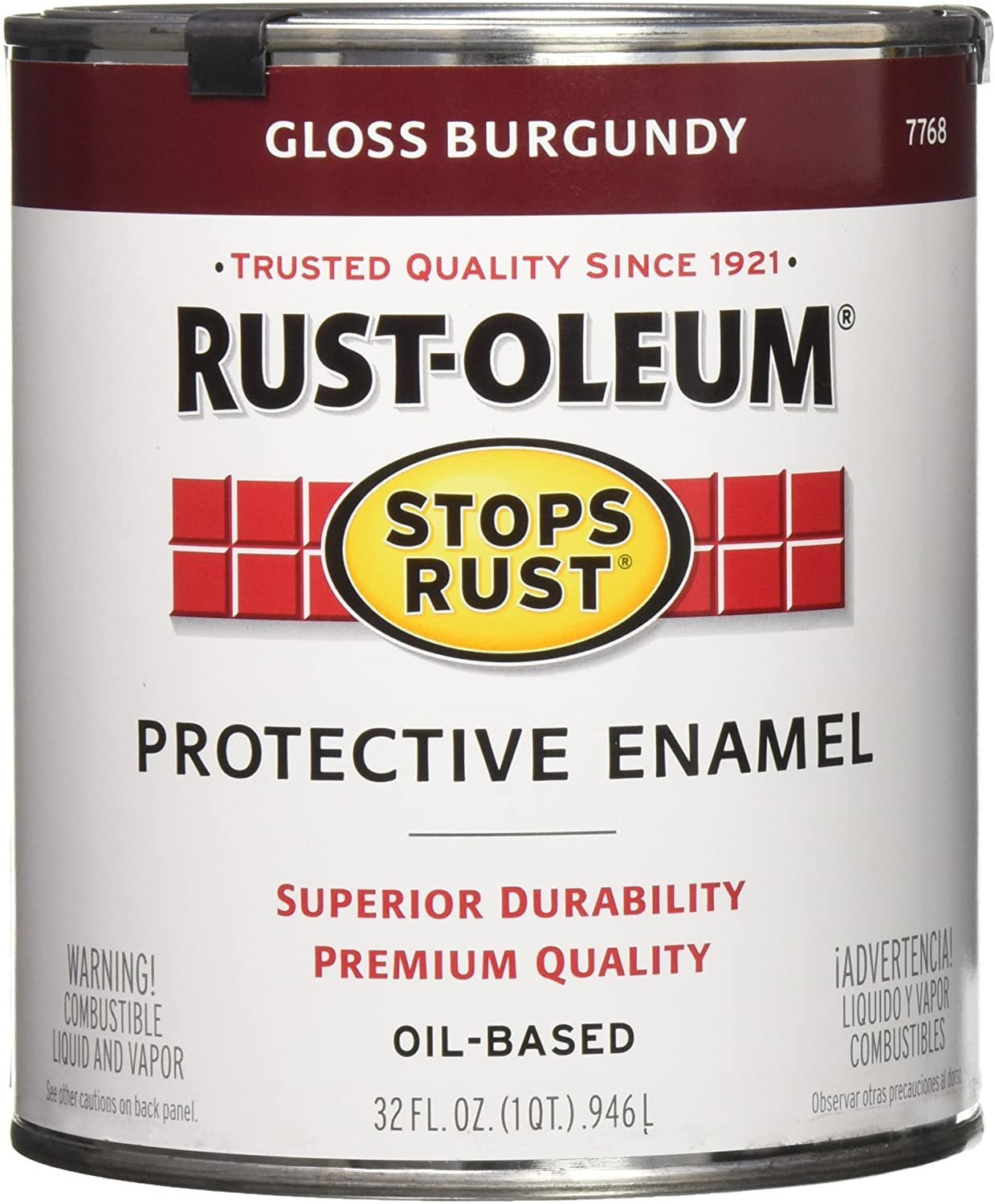 RustOleum 7768502 Stops Rust Brush On Paint, Quart, Gloss Burgundy, 32 Fl Oz