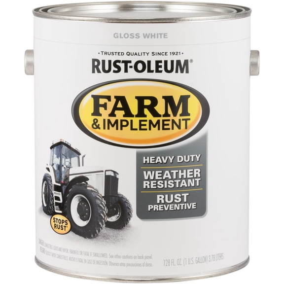 Rust-Oleum Farm & Implement Enamel Paint Gloss - Durable, Oil-Based - 1 gal, White Interior & Exterior Use, Professional Finish