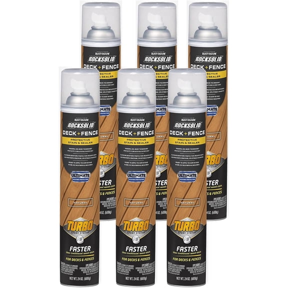 RockSolid Deck+Fence Protective Stain & Sealer with Turbo Spray System | Oil-Base One-Coat Protection | Superior Moisture Resistance | UV Resistant | Natural | 24 oz Aerosol | 6 Pack