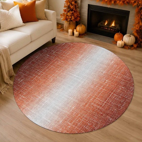 Rust Orange 4' Round Rugs for Cozy Reading Nook Home Office Chair Area, Summer Muted Orange Ombre Linen Texture Rustic Farm Washable Stain Proof Non Slip Circle Area Rug Home Soft Mats