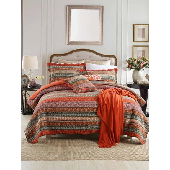 Rust Orange Bohemian Striped Patchwork Quilted 3‑Piece Bedding Set