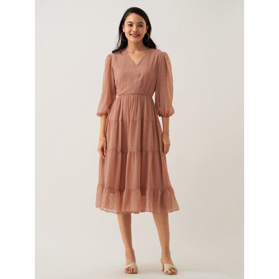 Rust Orange Chiffon Brasso Swiss Dot V-Neck Dress