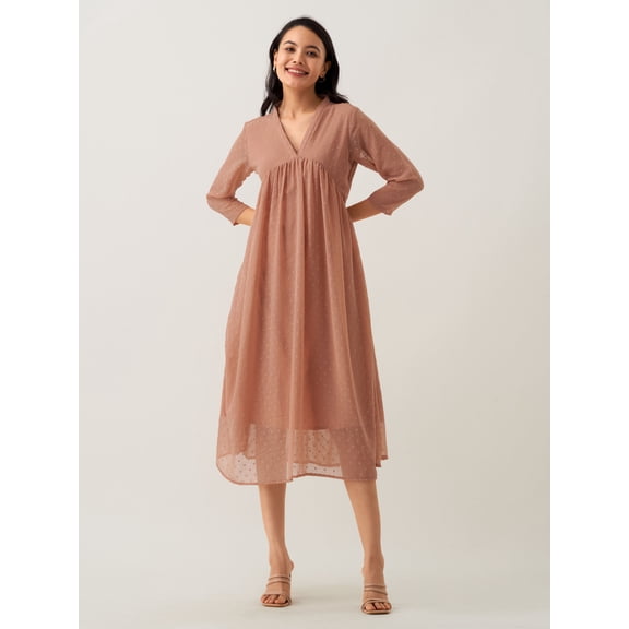 Rust Orange Chiffon Brasso Swiss Dot V-Neck Dress