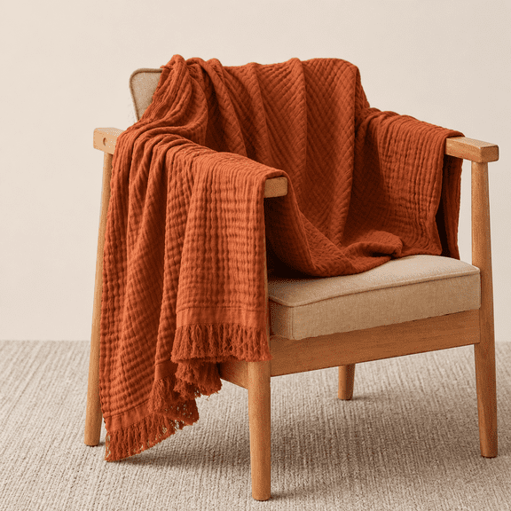 Rust Orange Cotton Gauze Throw Blanket with Tassels, All-Season Use
