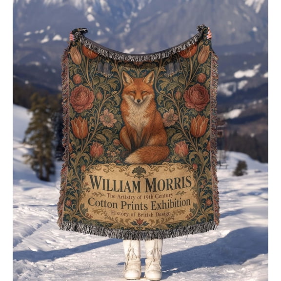 Rust Orange Fox, Rose and Tulip William Morris Woven Blanket, 100% Cotton, Vintage Botanical Style