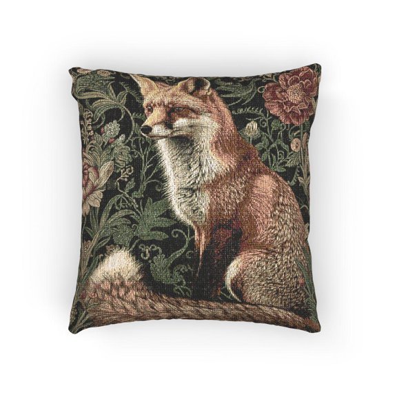 Rust Orange Fox and Botanical Florals Decorative Woven Pillow, Cotton-Polyester Shell, Woodland Style