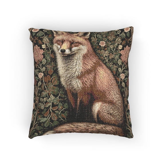 Rust Orange Fox and Dark Green Floral Decorative Woven Pillow, Cotton-Polyester Shell, Woodland Style