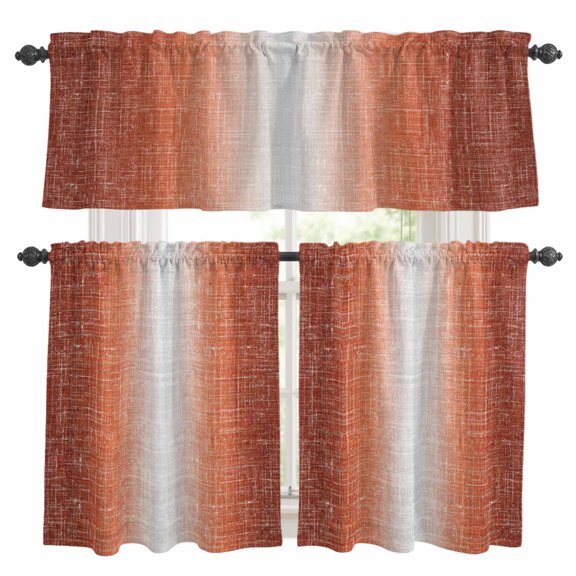Rust Orange Kitchen Curtains Valance and Tier Set Summer Muted Orange Ombre Linen Texture Rustic Farm Rod Pocket Short Curtains for Small Window 3 Pieces Set for Bedroom Cafe (54" x 18"+27" x 24")