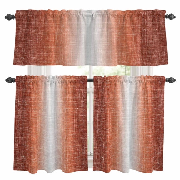 Rust Orange Kitchen Curtains and Valances Set, Summer Muted Orange Ombre Linen Texture Rustic Farm 3 Piece Curtains Valances and Tiers Set Rod Pocket for Kitchen Bathroom Windows 24 Inch
