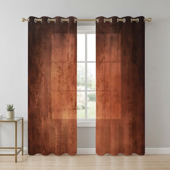 Rust Orange Ombre Sheer Curtains 90 Inch Long 2 Panels, Vintage Brown Black Rustic Boho Shabby Chic Light Filtering Semi Sheer Drapes Grommet Voile Window Curtain for Living Bedroom W52 x L90
